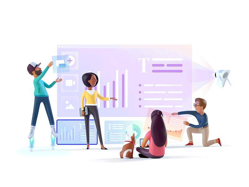 Illustration of online education with students and a laptop